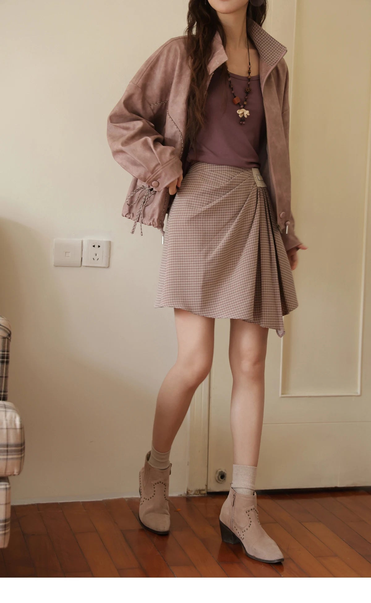 Mishow Purple Plaid Asymmetrical A-Line Skirt MXE45B2411