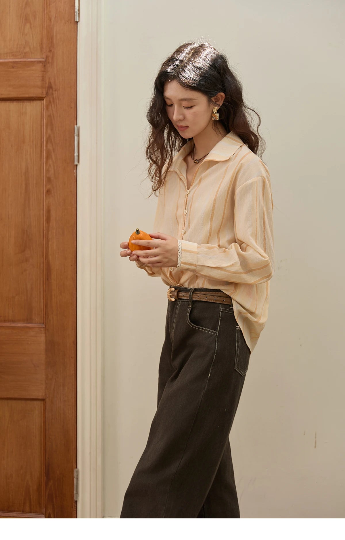 MISHOW Orange Stripe Linen Shirt Lapel Collar Lace Trim Cuffs MXE43C2379