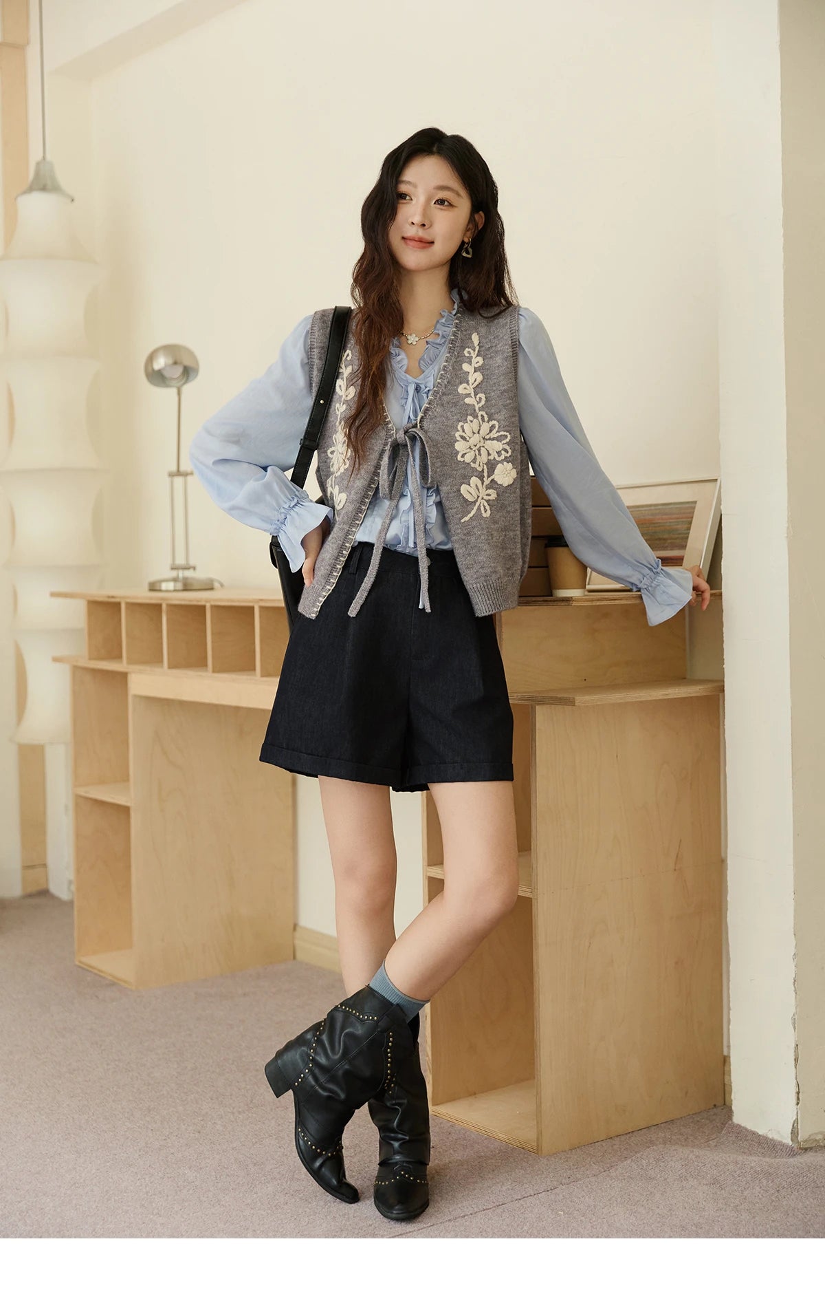 MISHOW 100% Lyocell Blue Shirt French Ruffles Ties MXE45X2484