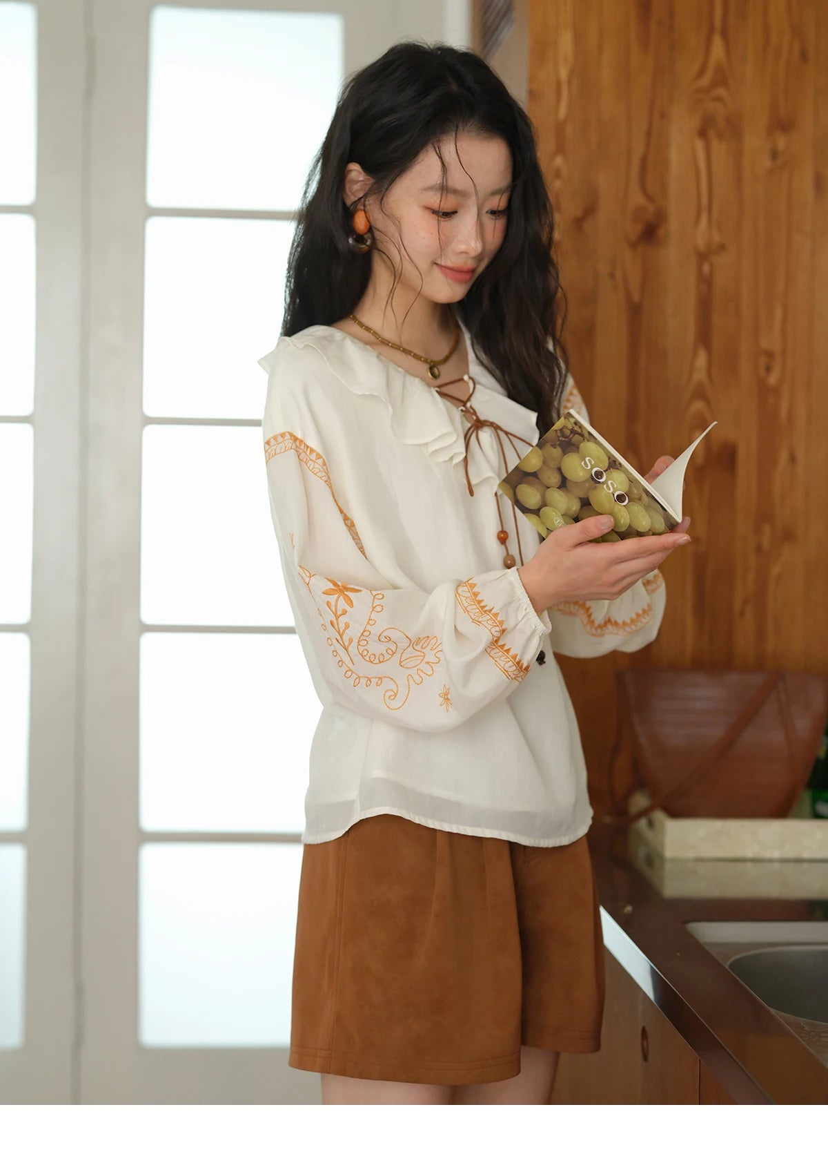 MISHOW Embroidered Blouse Ruffle V-Neck Lace Up MXE43X1987