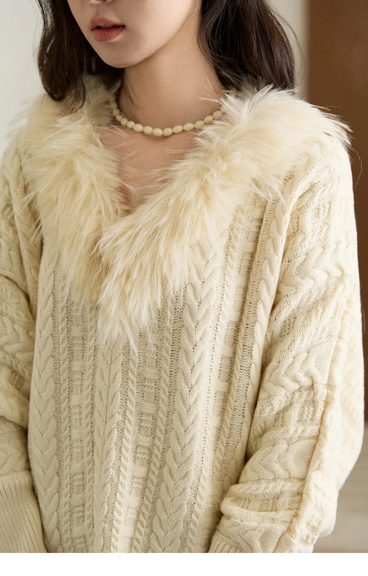 Mishow Faux Fur Collar Batwing Cable Knit Pullover MXE94Z2985