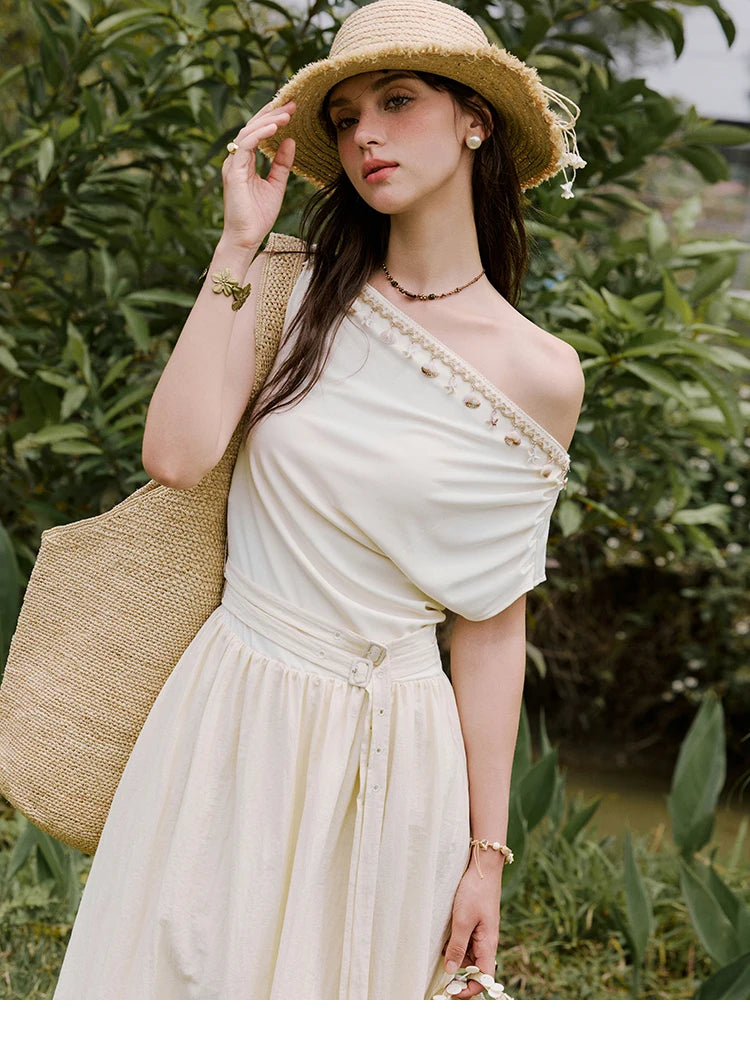 Mishow Shell Webbing Oblique Collar Slim Dress MXE31L2189