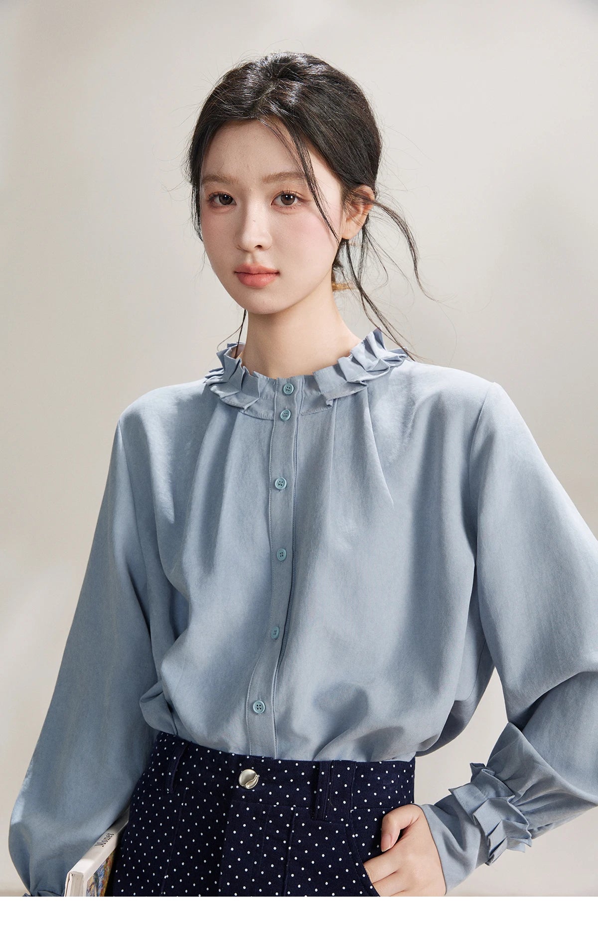 MISHOW Peach Skin Solid Shirt Ruffled Crew Neck MXF11C2431