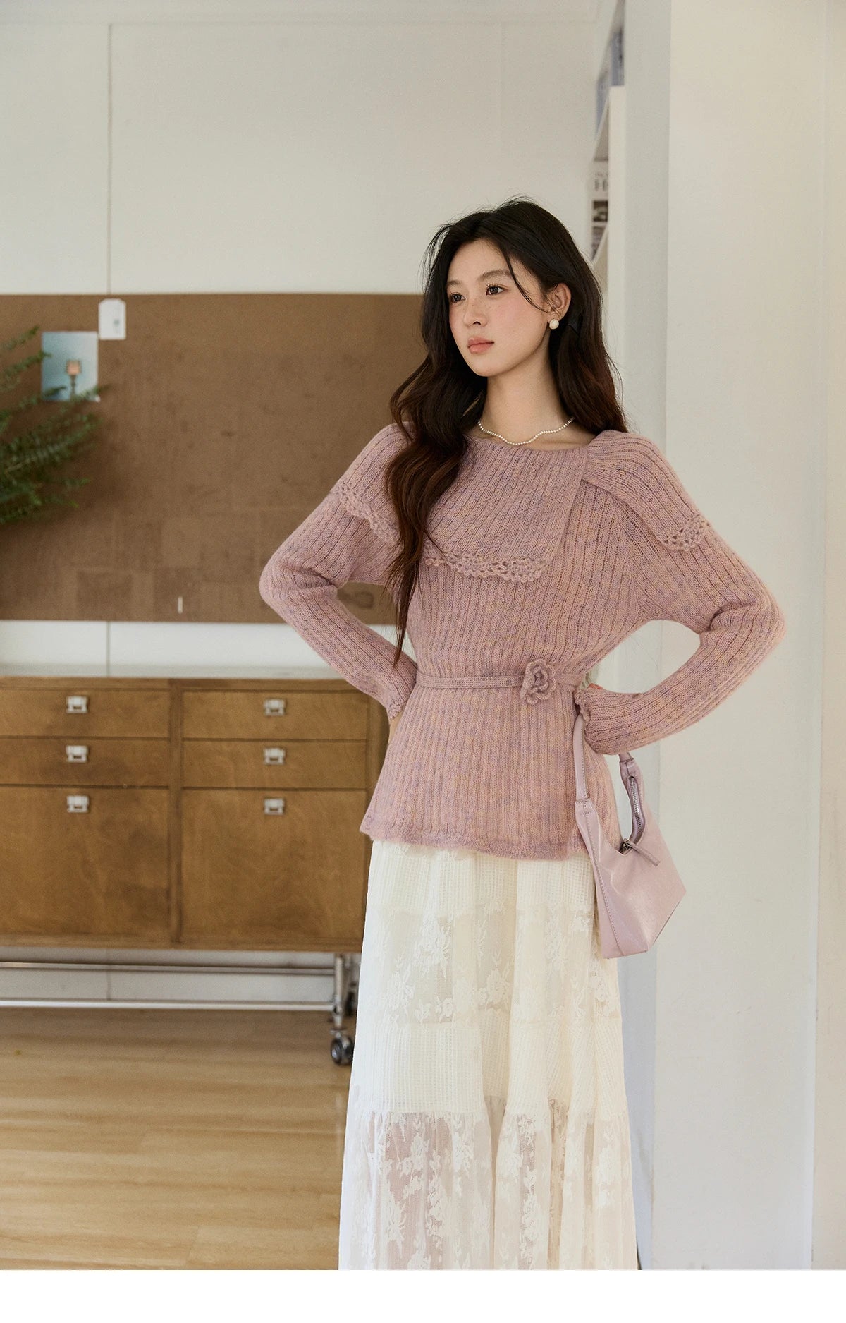 Mishow Pink Large Collar Lace Belted Pullover MXF11Z2901