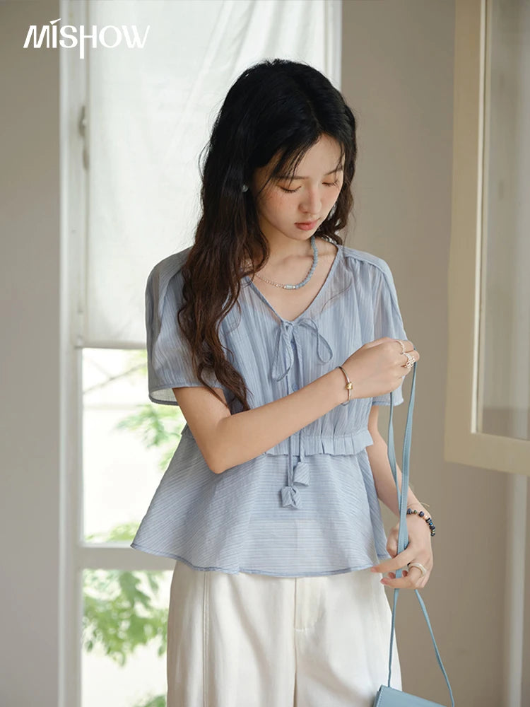 MISHOW V-Neck Blouse Splicing Button Lace Up Short Sleeve MXE34X1821