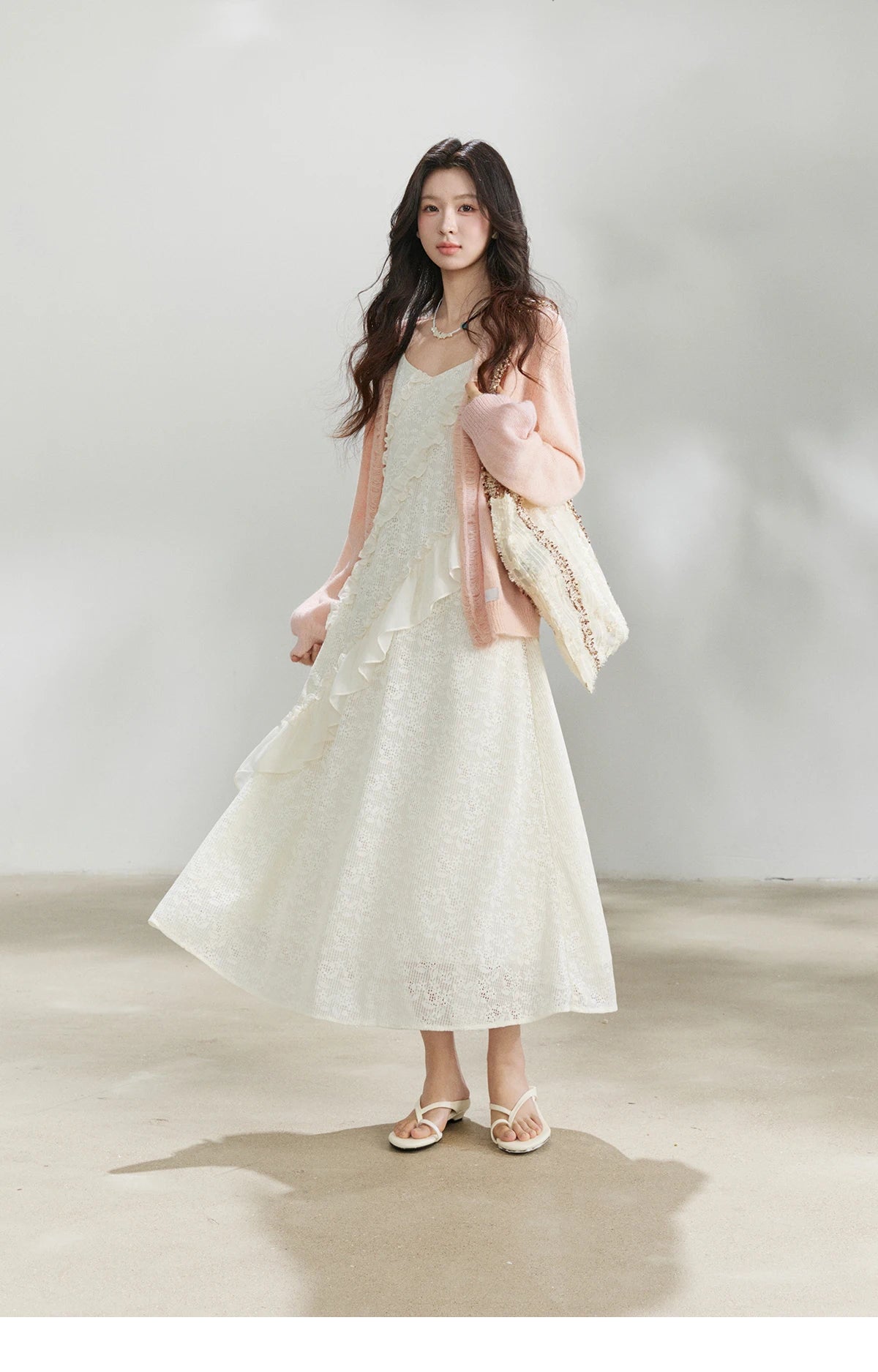 Mishow Cream Irregular Lace Ruffled Slip Dress MXF108L1005