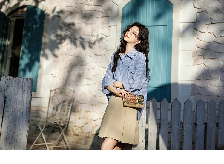 MISHOW Blue Striped Shirt Pocket Turn-Down Collar MXE11C0399
