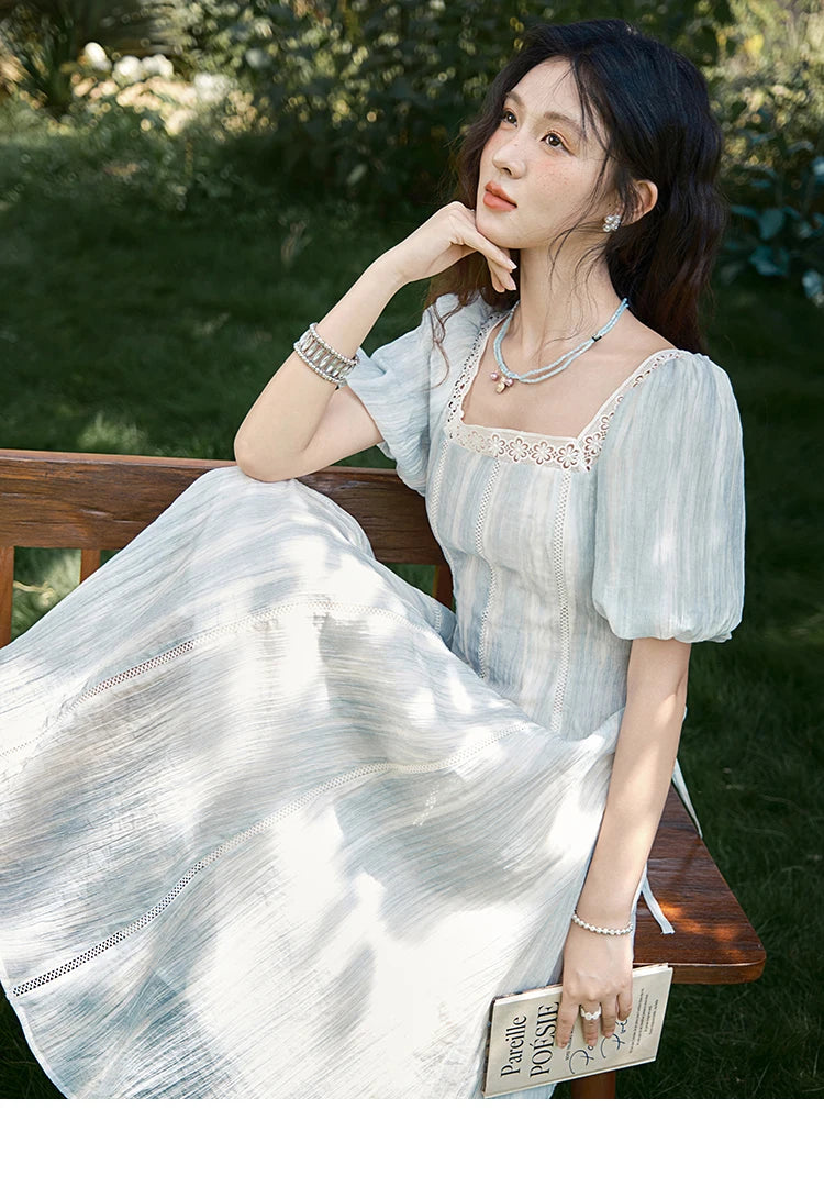 Mishow Striped Square Neck Lace Hollow Dress MXE39L2403