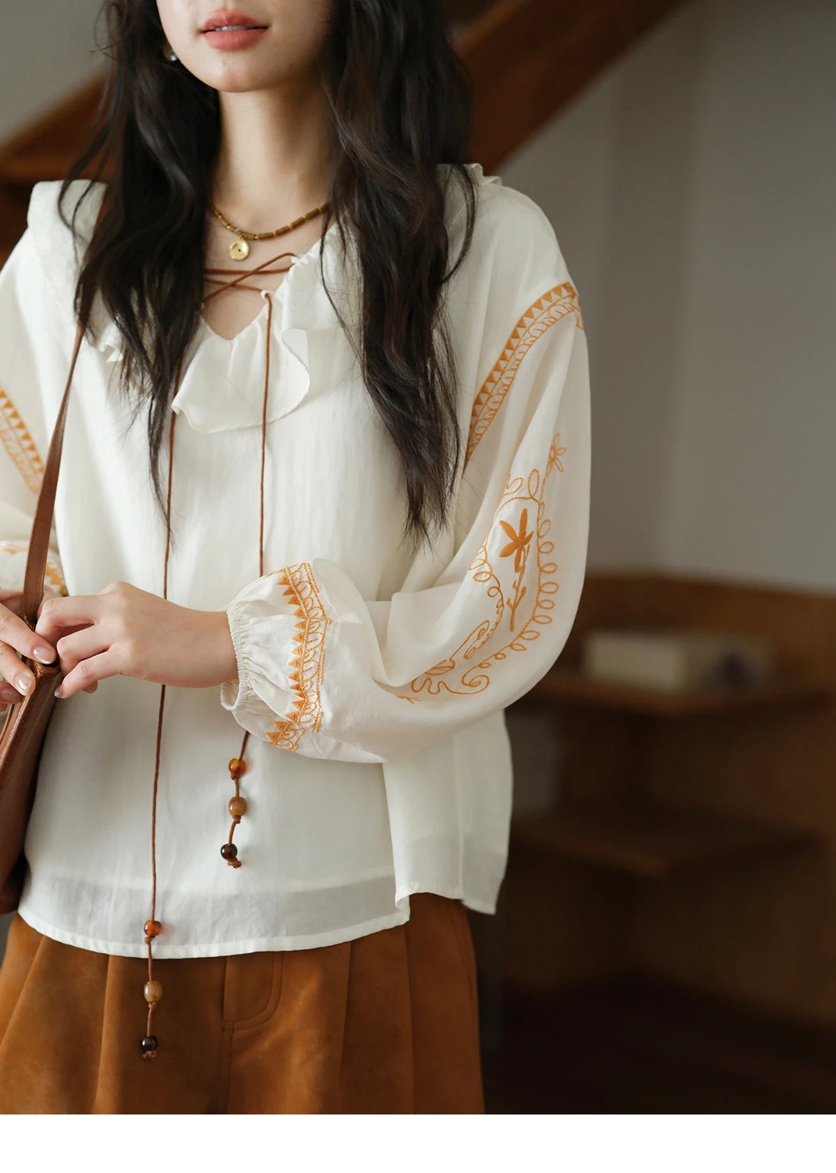 MISHOW Embroidered Blouse Ruffle V-Neck Lace Up MXE43X1987