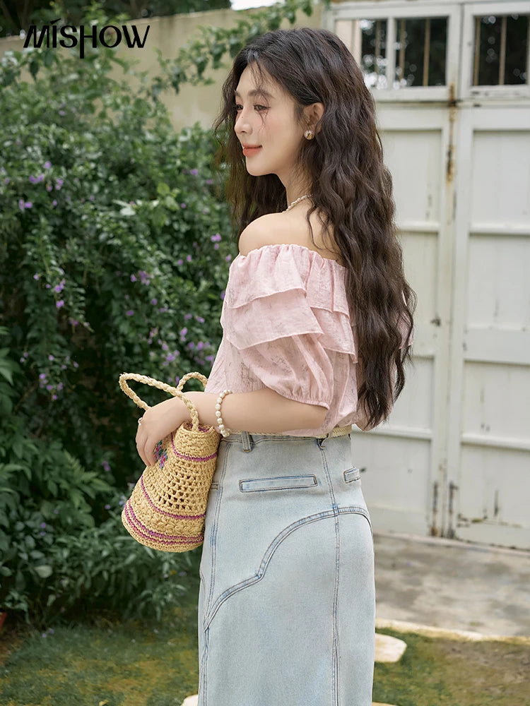 MISHOW French Retro Floral Blouse One Shoulder Ruffled Edge Lace Up MXD25X1520