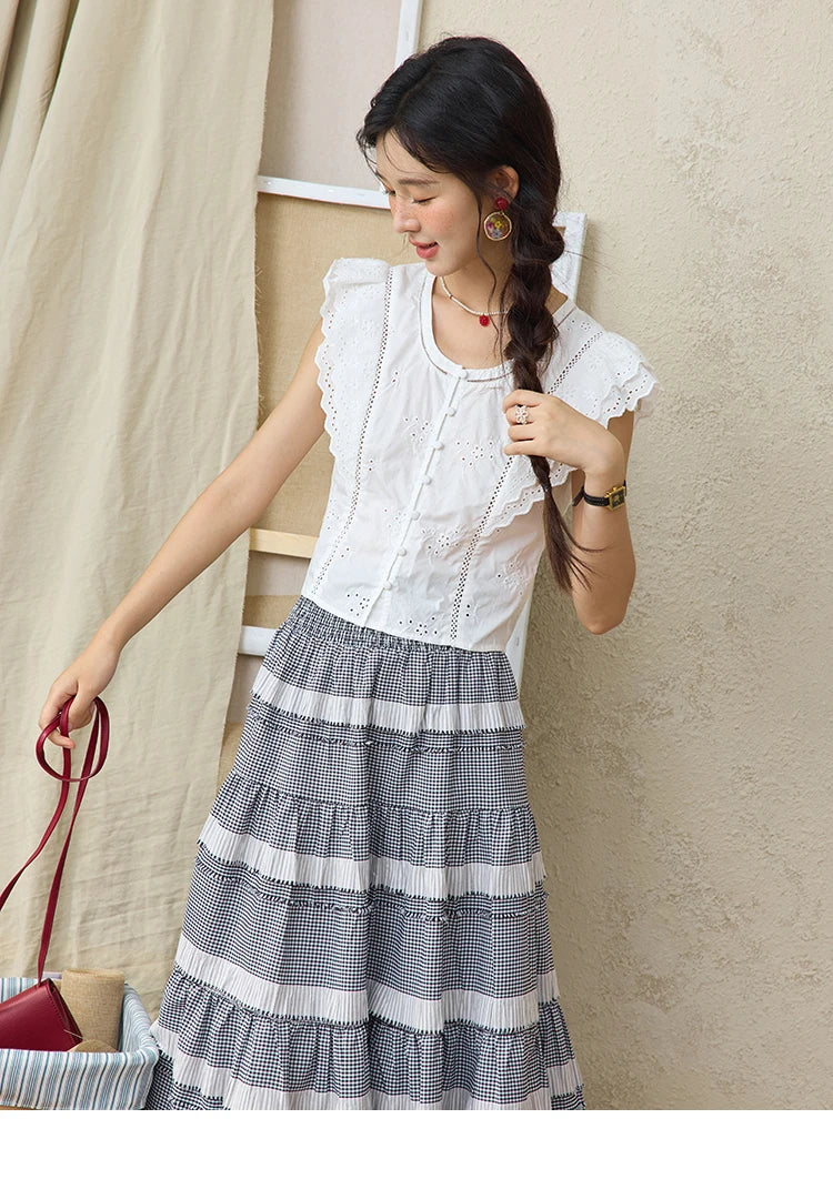 MISHOW Flying Sleeve Cotton Blouse Hollow Lace Slim Waist MXE36X1844
