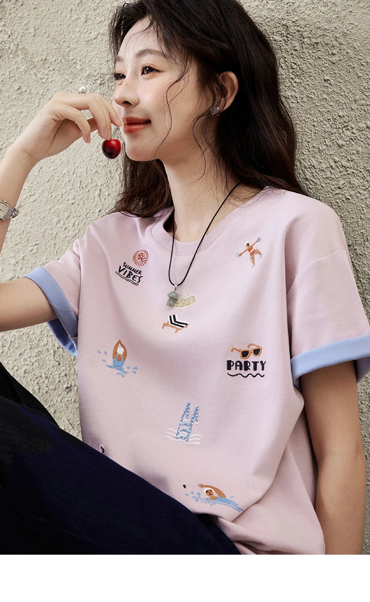 Mishow Embroidered Cartoon Round Neck Tee MXE16T0506