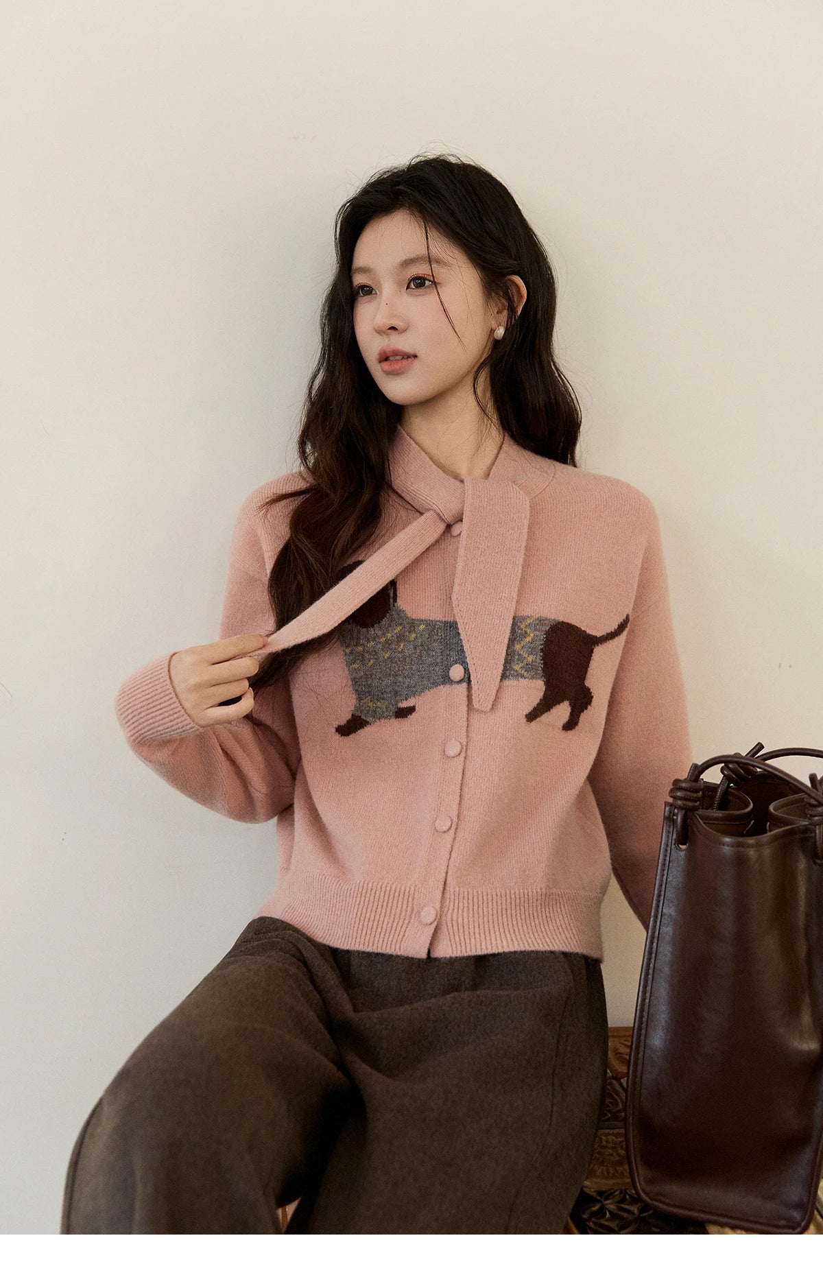 Mishow Pink Dachshund Pattern Bow Collar Cardigan MXE94Z2997