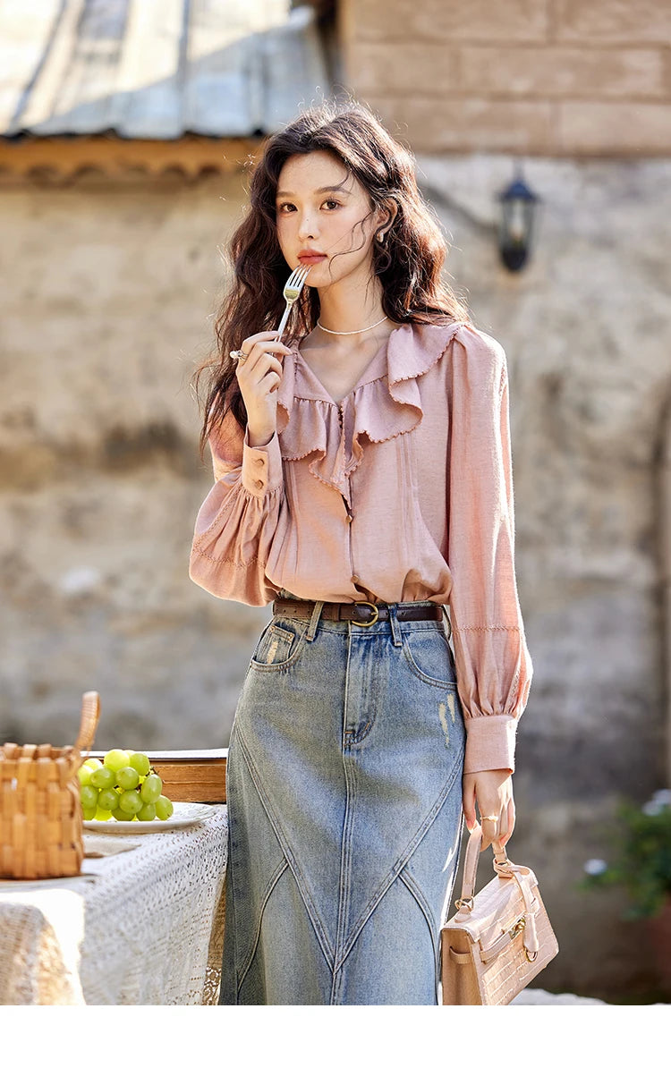MISHOW Lotus Leaf Collar Shirt Bubble Sleeves Pink Chiffon MXE12X1702
