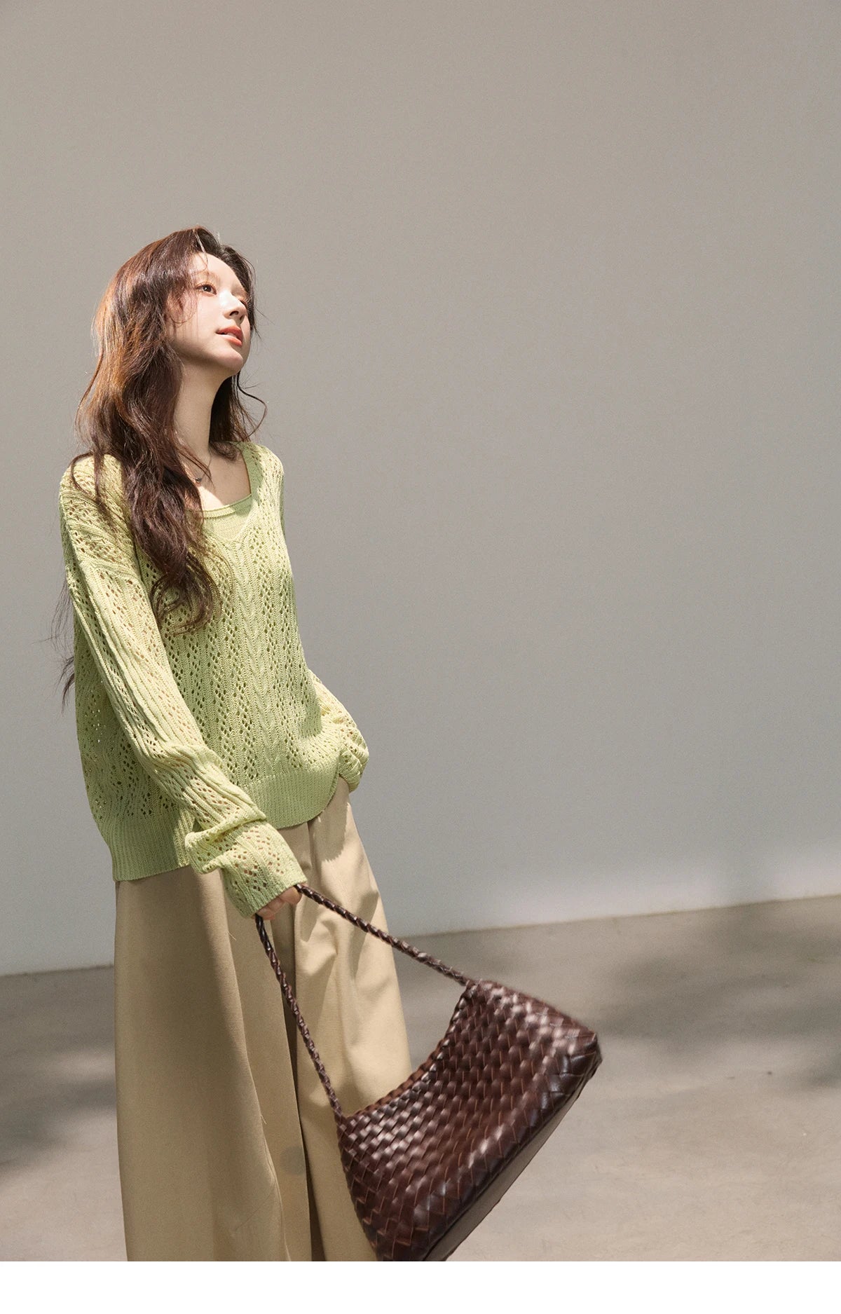 Mishow Green Hollow Cable Knit Top & Camisole Set MXF16T1524