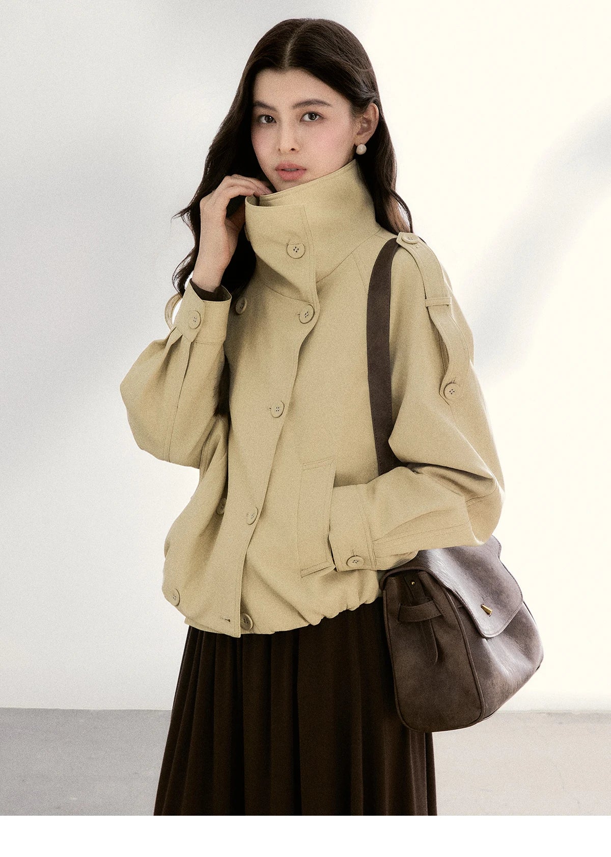 MISHOW Khaki Cropped Leather Jacket Lapel Stand Collar MXF108W1000