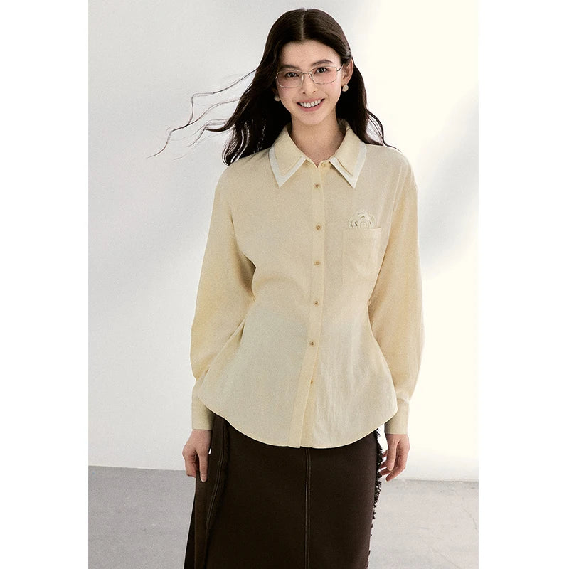 MISHOW Contrast Trim Lapel Shirt Floral Embroidery Pocket MXF13C2440