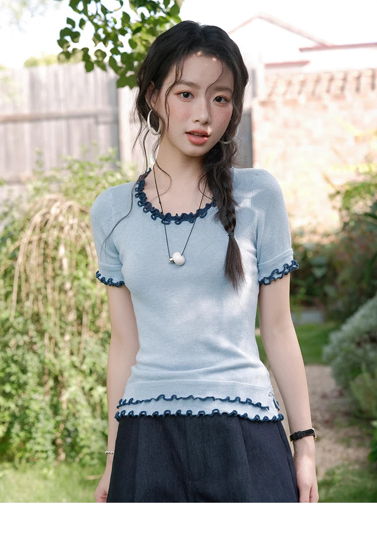 Mishow Round Neck Ear Edge Short Sleeve Tee MXE32Z1233