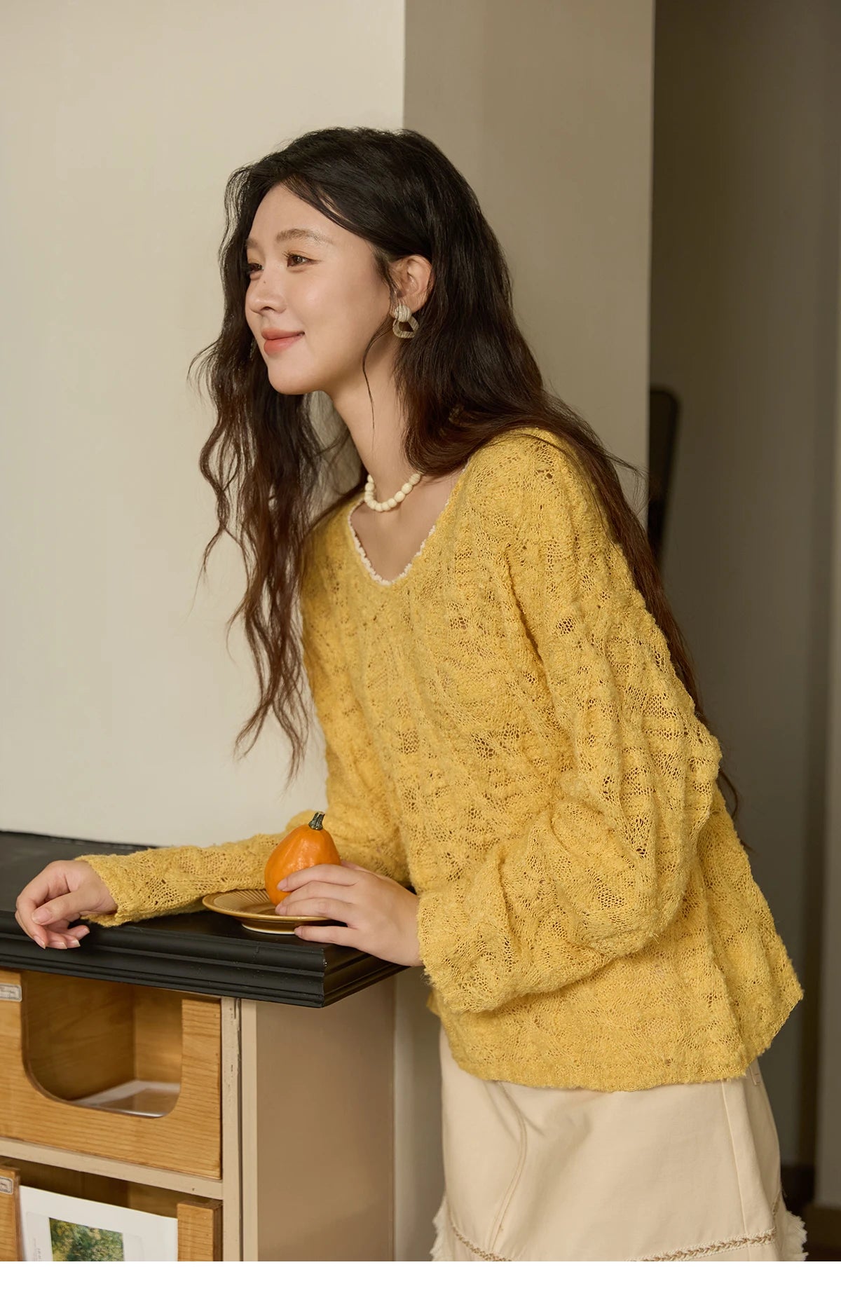 Mishow Bamboo Loop Yarn Hollow V-Neck Lace Sweater MXE43Z1349