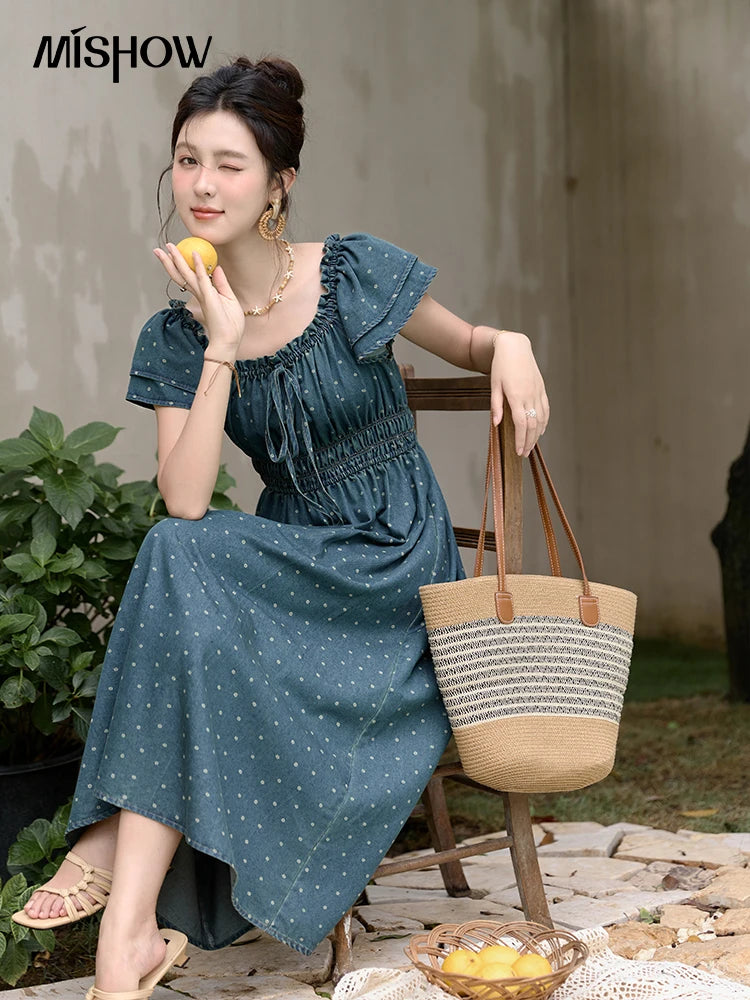 Mishow Polka Dot Flying Sleeve Lace-Up Denim Dress MXD30L2022