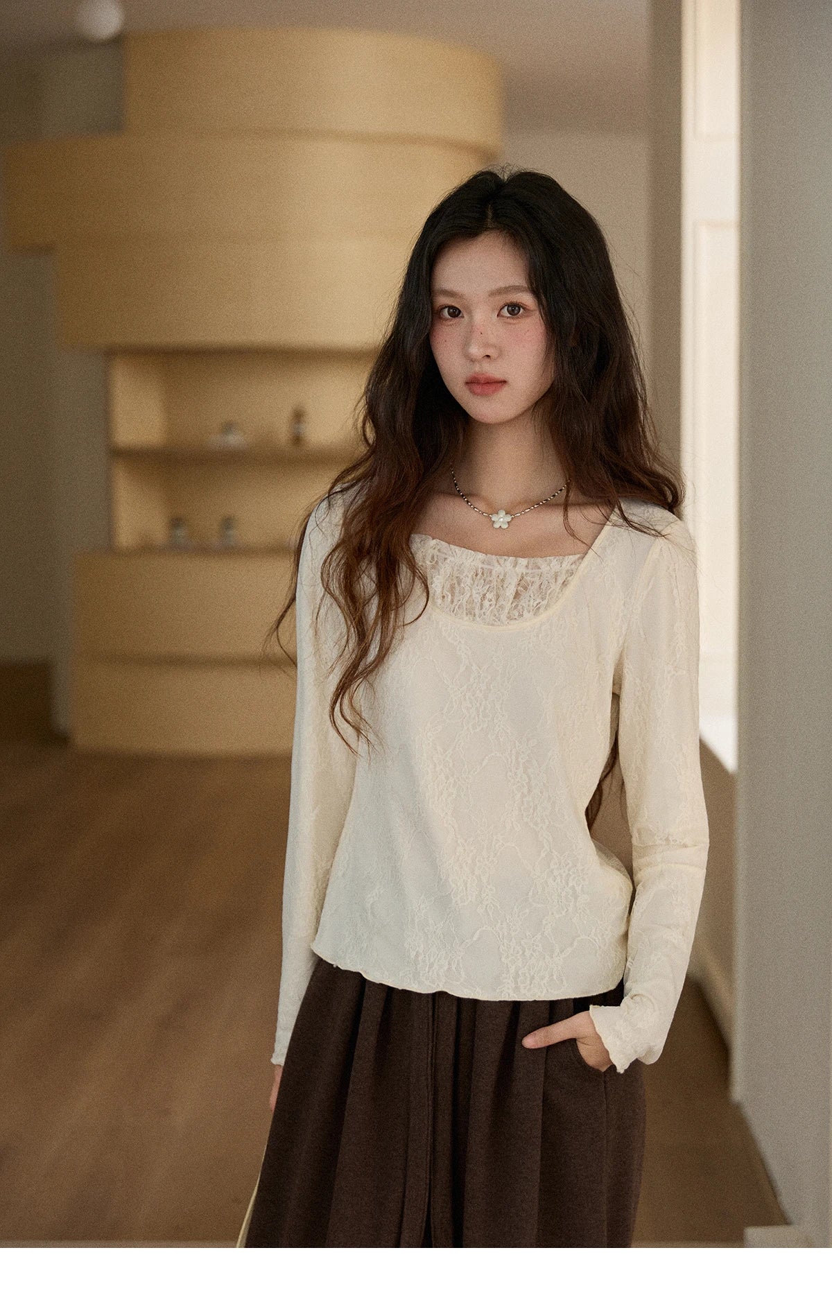 Mishow Beige Lace Patchwork Square Neck Top MXE91X2514