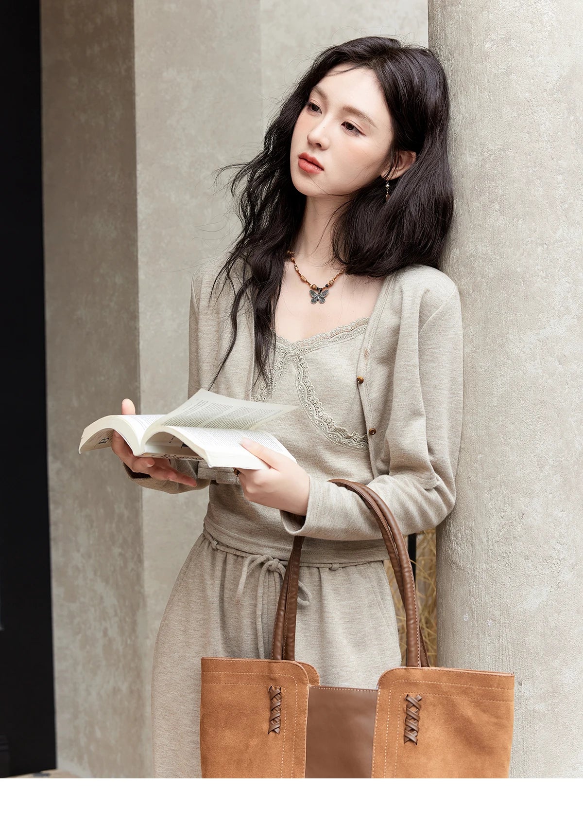 Mishow French Lace Splicing Camisole Cardigan & Straight Pants Set MXD47T0405