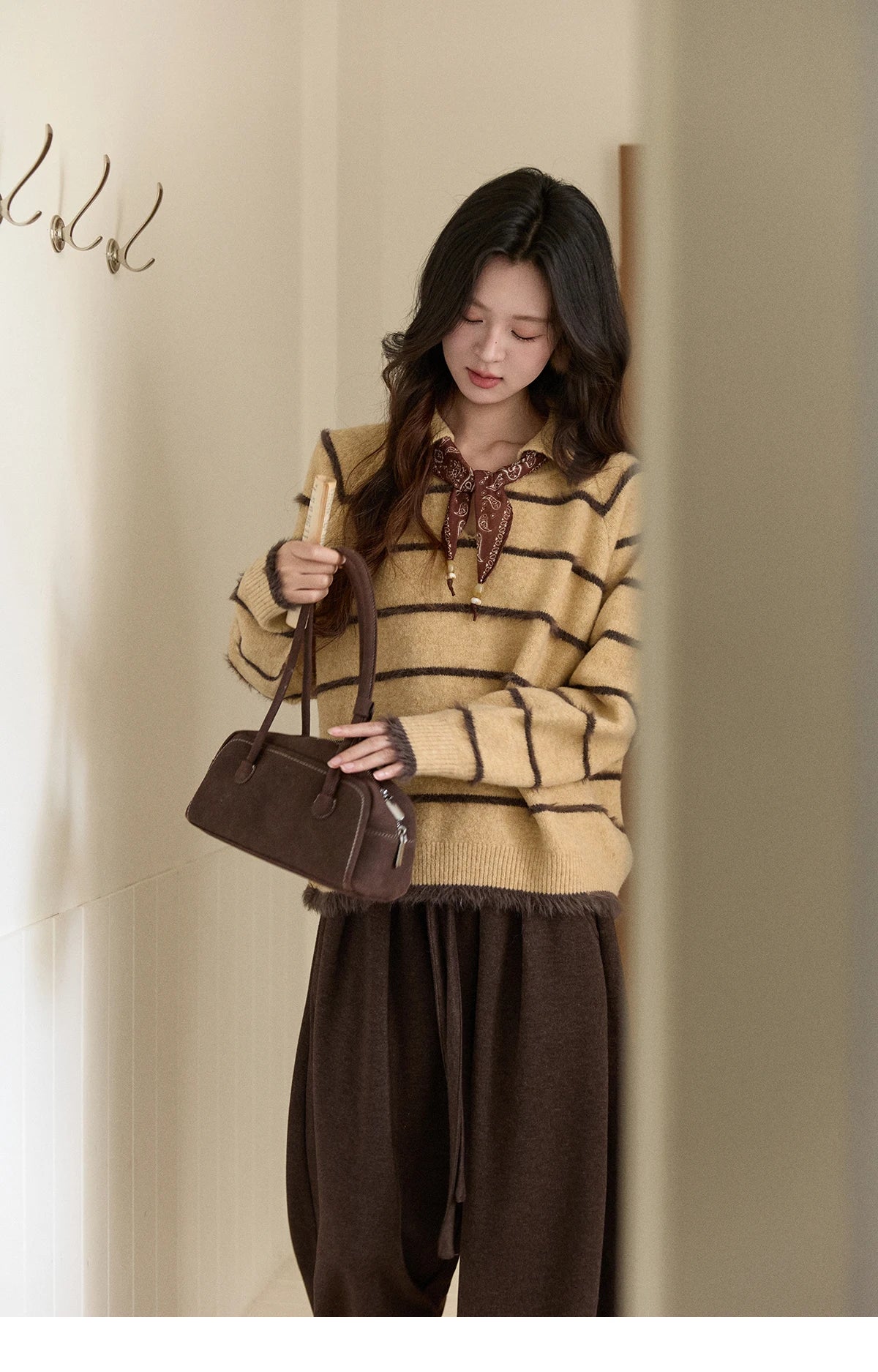 Mishow Faux Mink Fur Striped Lapel Tassel Sweater MXE93Z2945