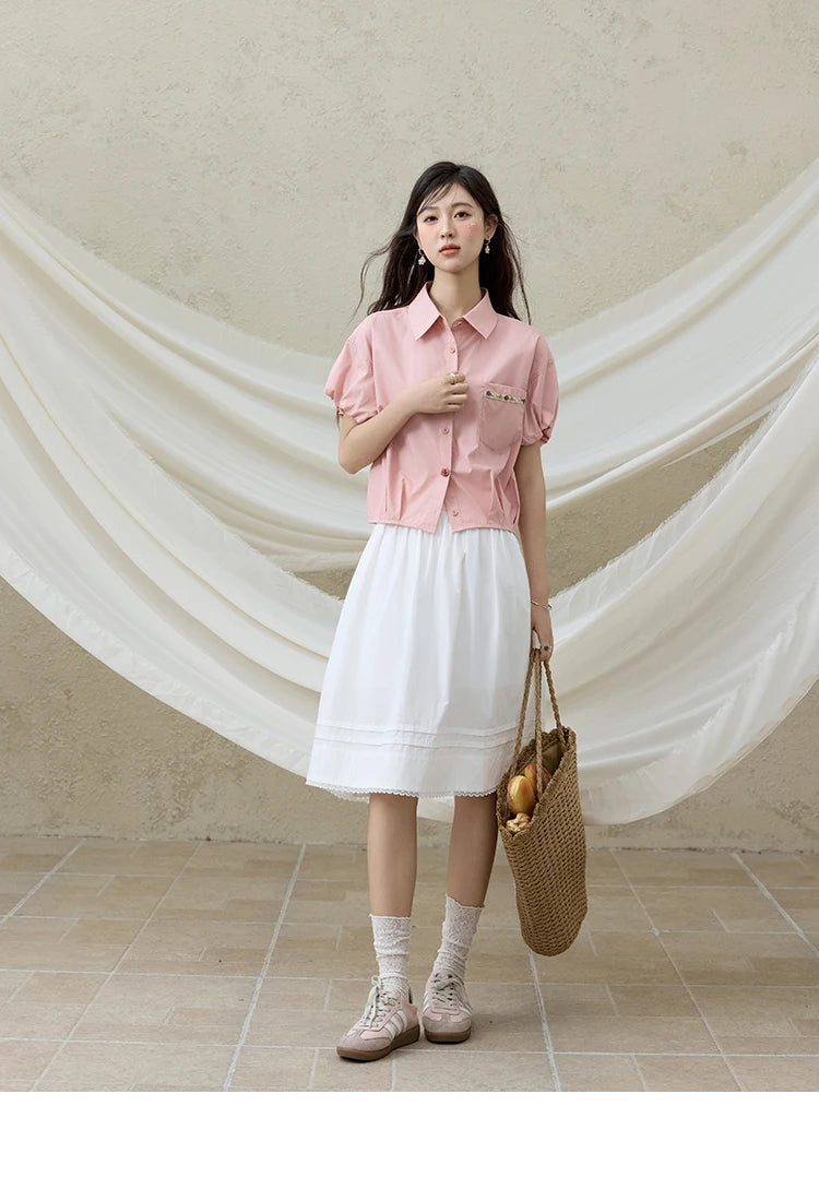 MISHOW Short Puff Sleeve Blouse Turn Down Collar Shell Ribbon MXE33C0773