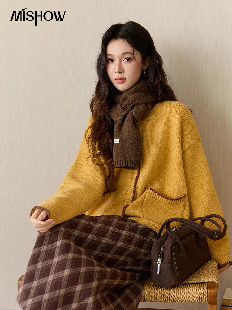 Mishow Yellow Color Collision Edge Pocket Cardigan MXE94Z2973