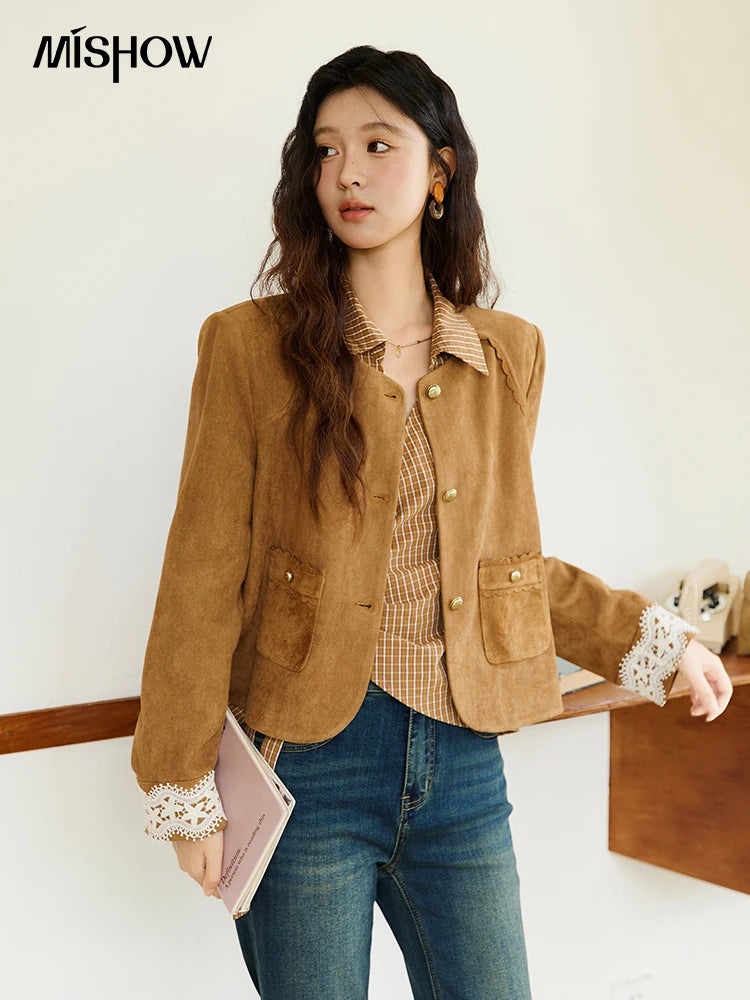 MISHOW Fragrant Suede Jacket Cuffs Hollowed Out Lace Metal Button MXE46W0839