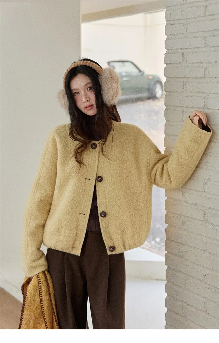 MISHOW Brown Wool Quilted Coat Round Neck Short Loose MXE87W0935