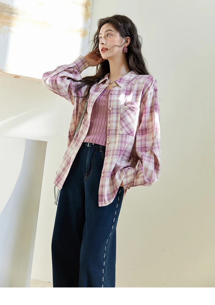 MISHOW Purple Plaid Cotton Shirt Polo Neck Pockets MXE14C0417