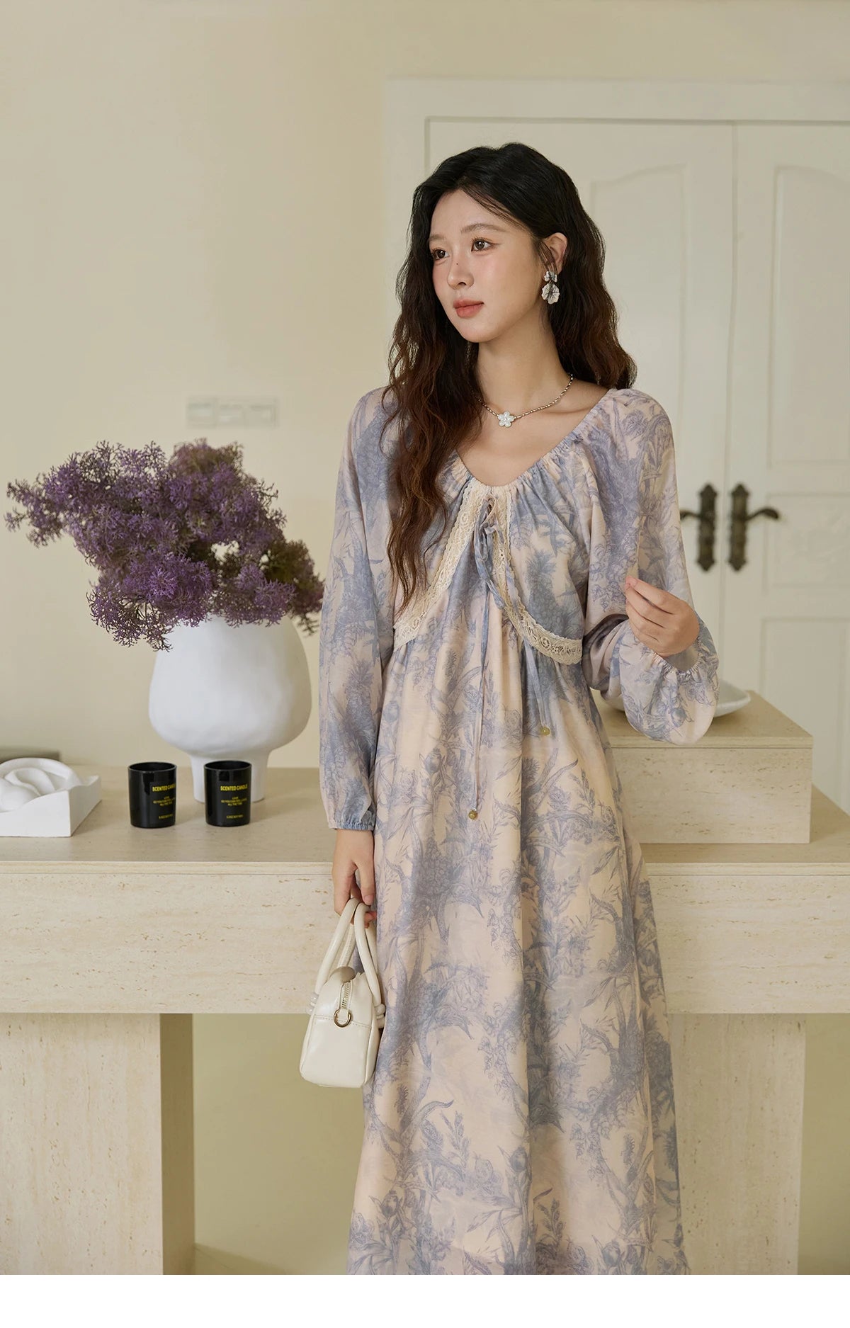 Mishow Blue Floral Lace Panel Drawstring Dress MXE45L2507