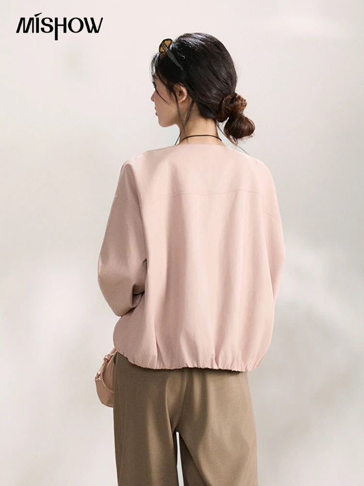 MISHOW Pink Flower Bud Leather Jacket Crew Neck Single-Breasted MXF108W1001
