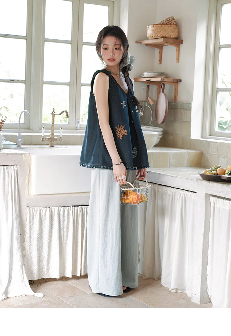 Mishow Embroidery Lace Tassel Denim Vest MXE37X1860