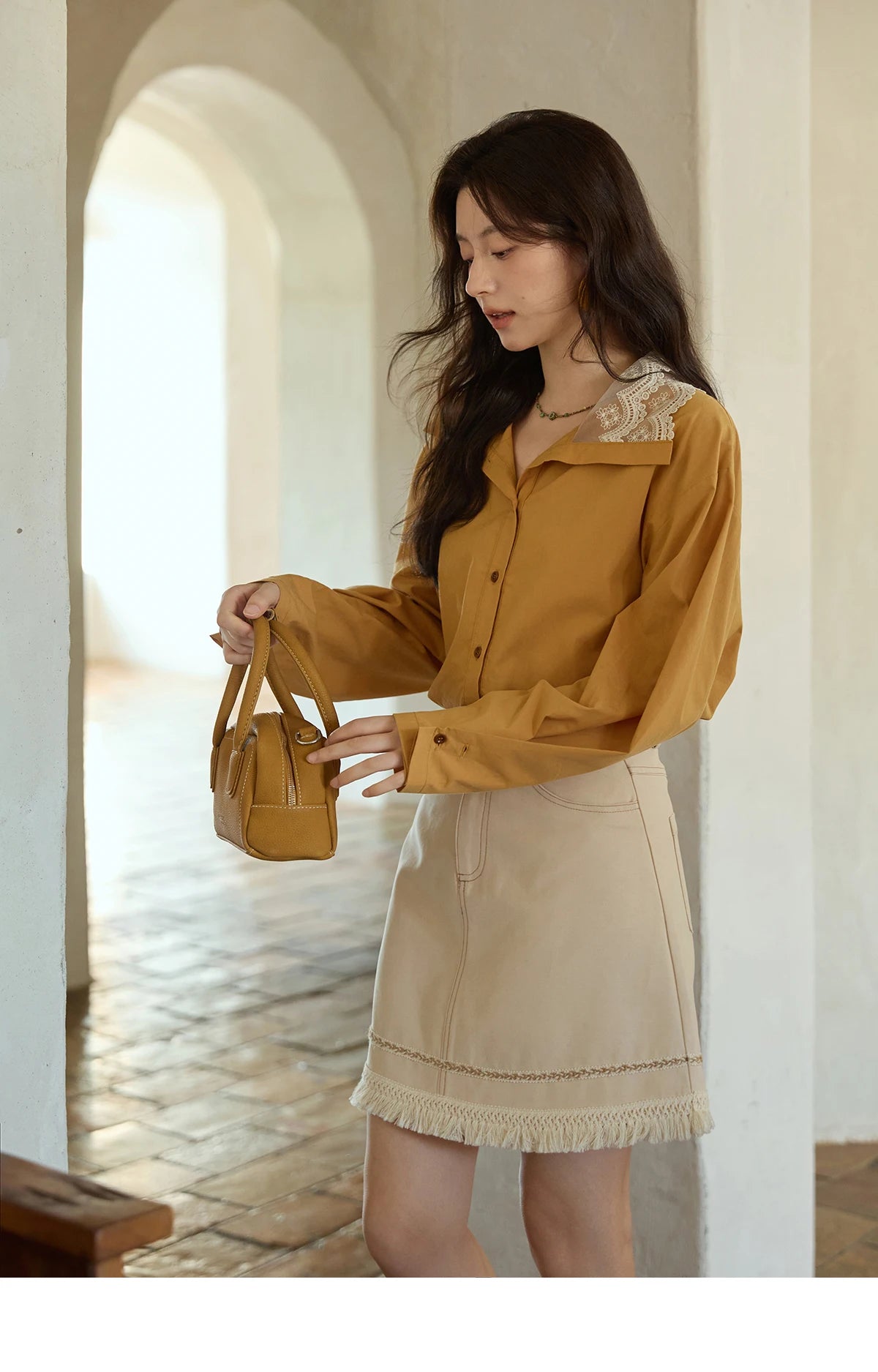 MISHOW Solid Cotton Shirt V-Neck Double Layer Lace MXE41C2366