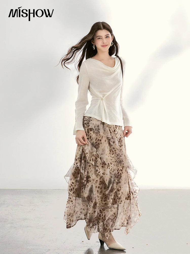 MISHOW Leopard Print Maxi Skirt Ruffled Chiffon Elastic Waist MXF108B0772