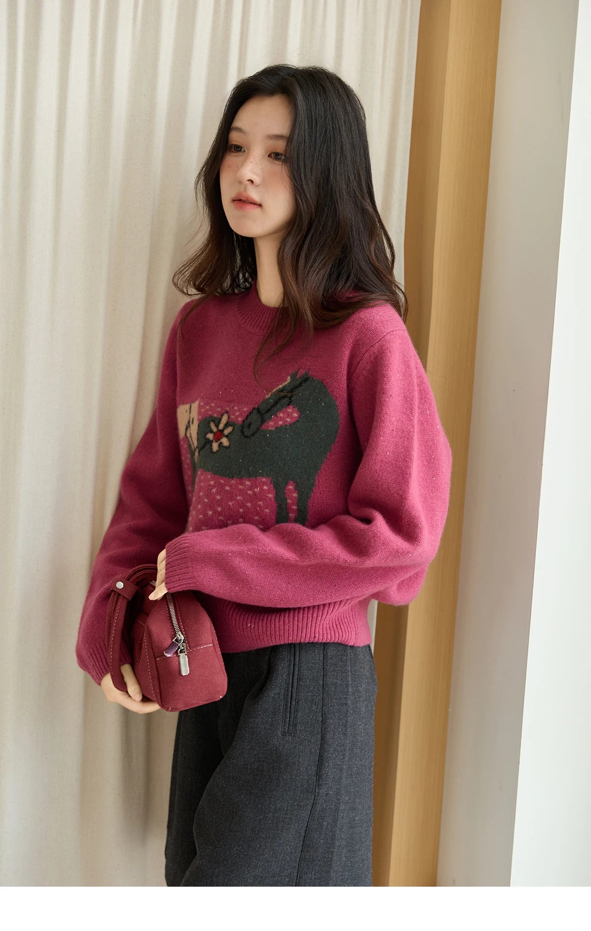 Mishow Red Pony Jacquard Round Neck Pullover MXE48Z2622