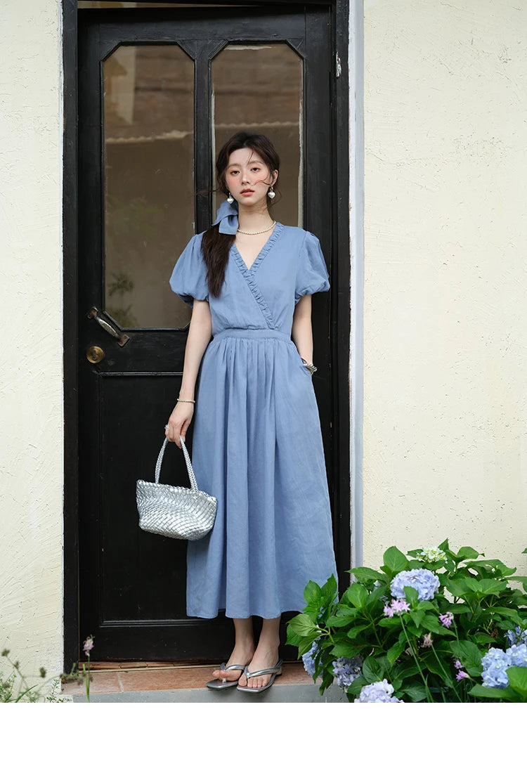 Mishow V-Neck Puff Sleeve Pocket Sash Dress MXE39L2381