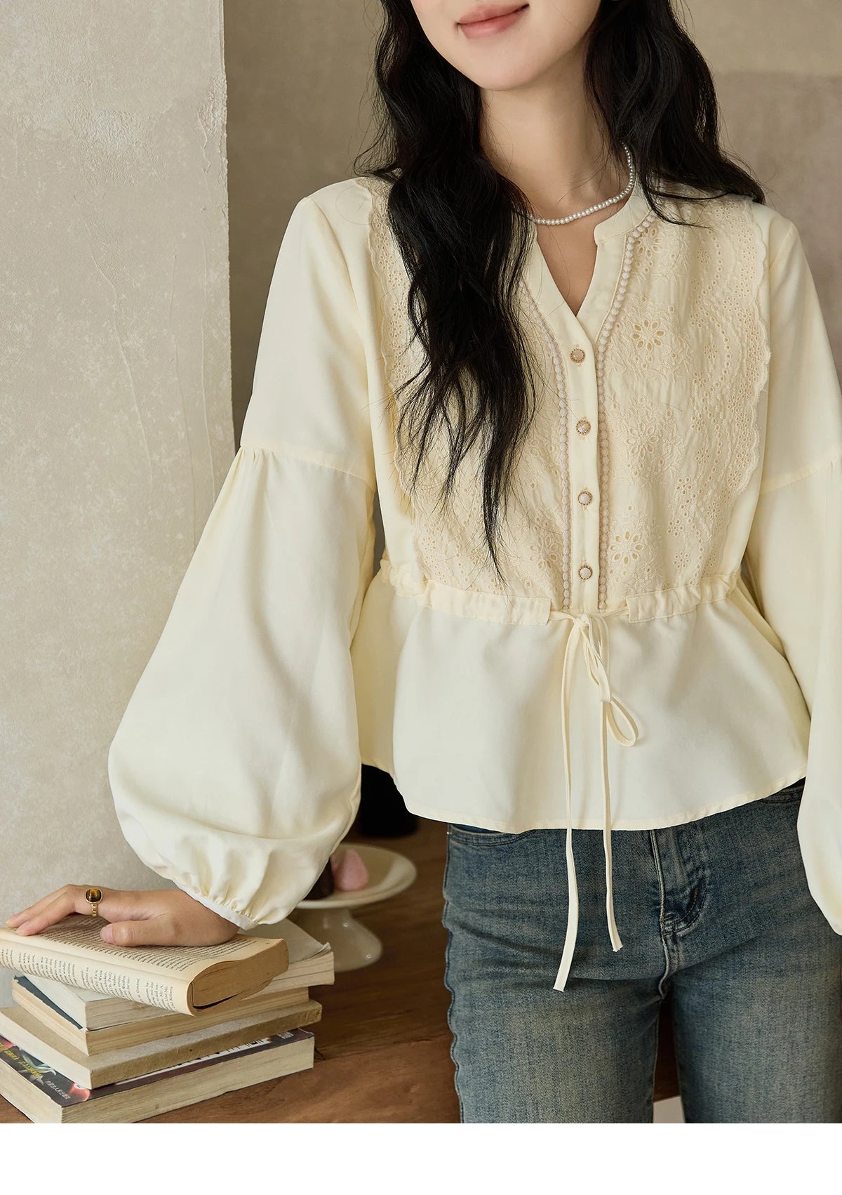 MISHOW French V-Neck Blouse Lace Lantern Sleeve Drawstring Waist MXD45X1660