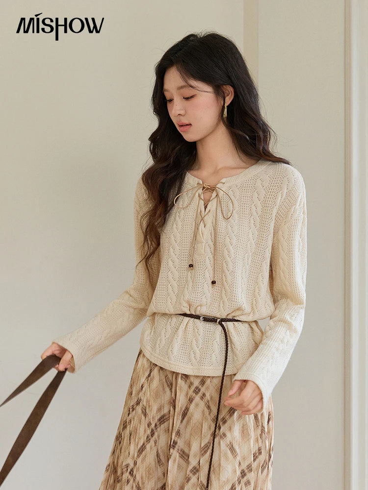 Mishow Beige V-Neck Lace-Up Cable Knit Sweater MXF108Z1029