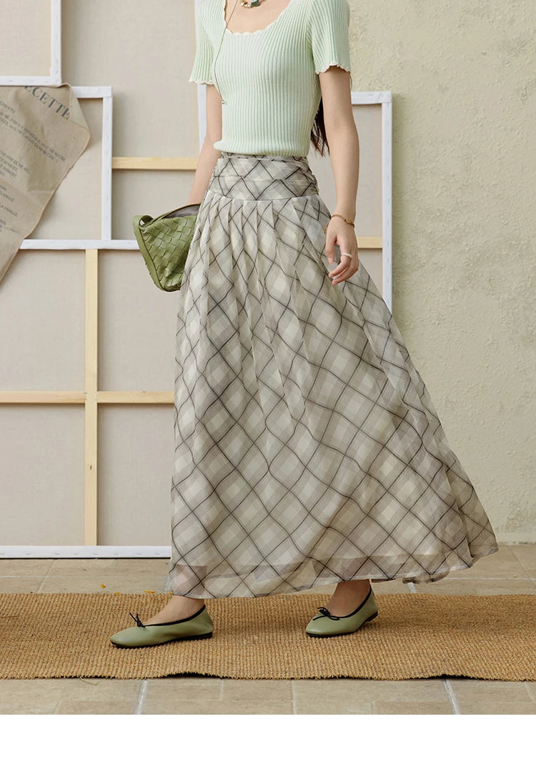 MISHOW Apricot Green Retro Plaid Skirt Pleated Chiffon High Waist A-Line MXE35B0747