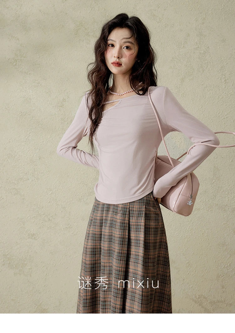 Mishow Irregular Hollow Neck Slim Solid Top MXE13Z1116