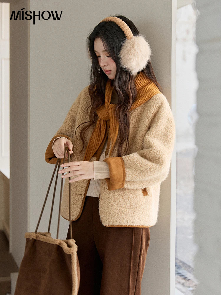 Mishow Lamb Wool Jacket with Color Block Knitted Shawl MXE91W0969