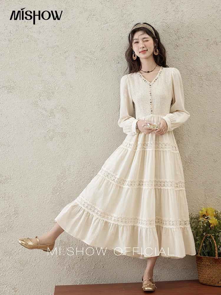 Mishow Apricot 100% Cotton Splicing Lace Dress MXE16L2168