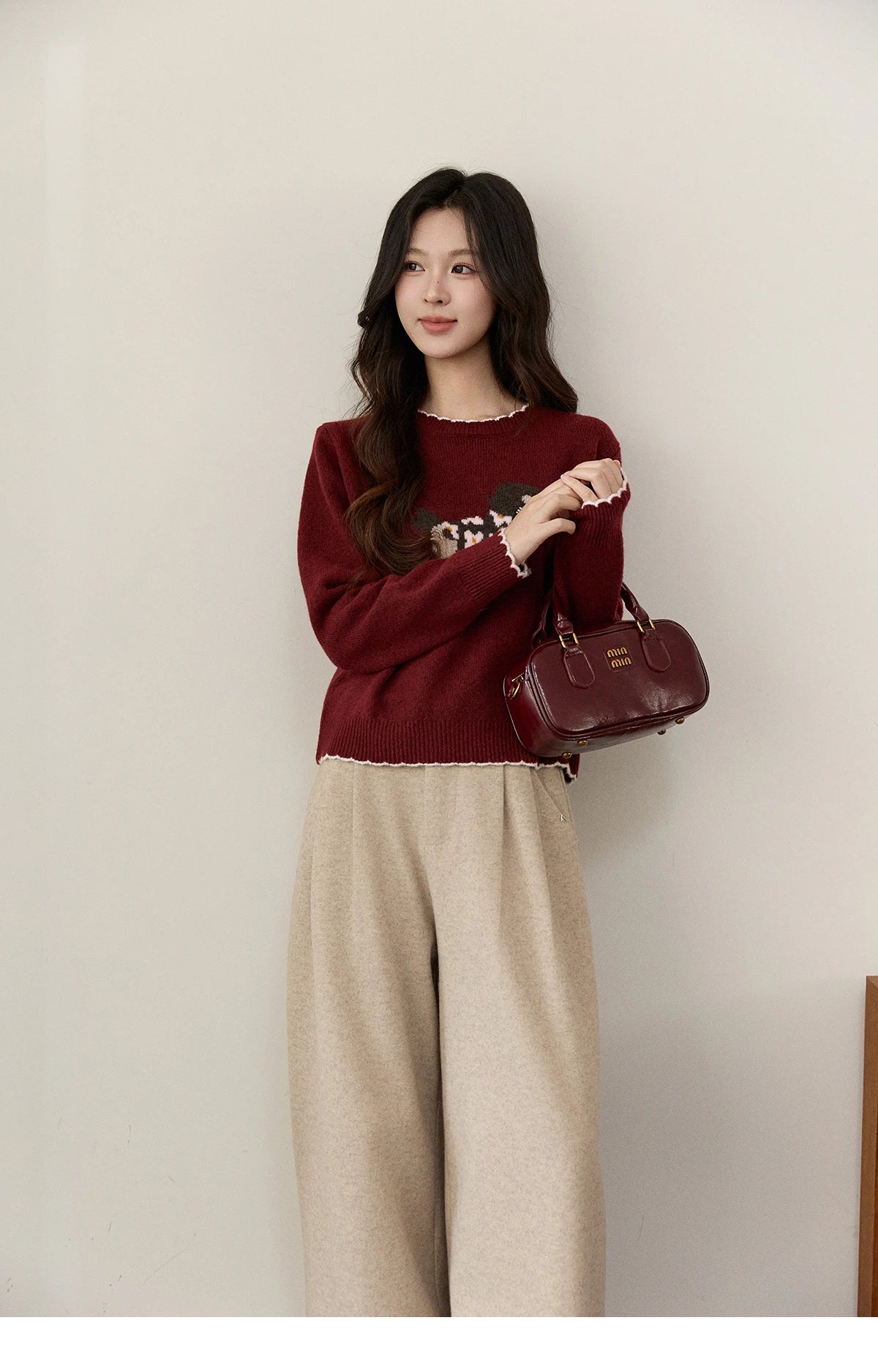 Mishow Burgundy Poodle Pattern Ruffled Trim Pullover MXE93Z2949
