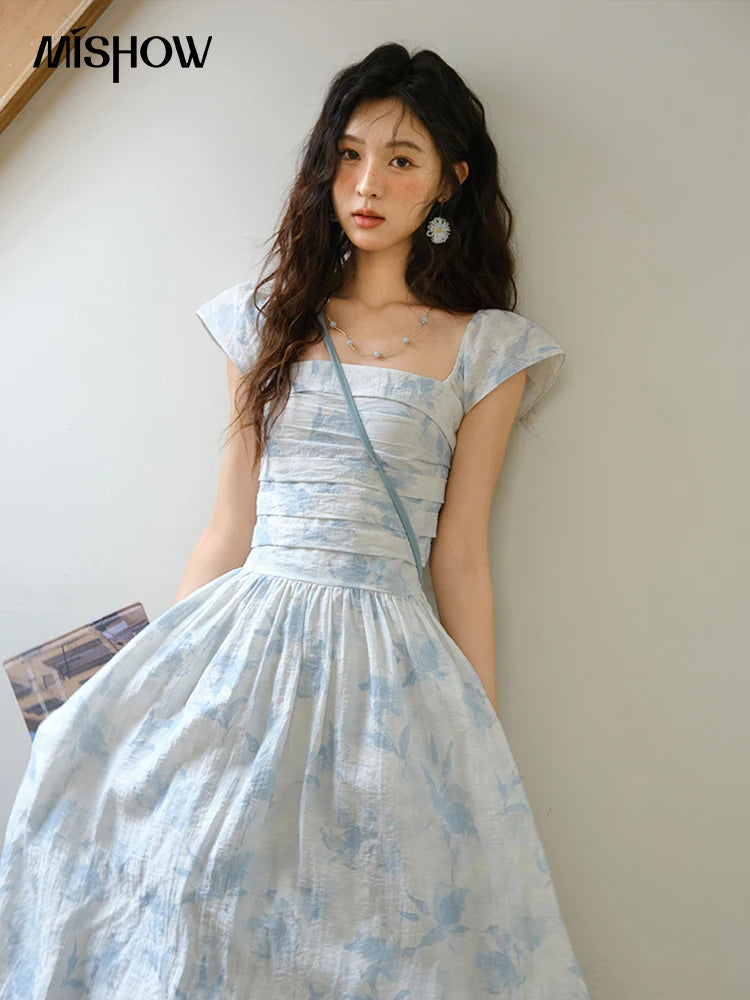 Mishow Square Neck Flying Sleeve Print Dress MXE35L2274