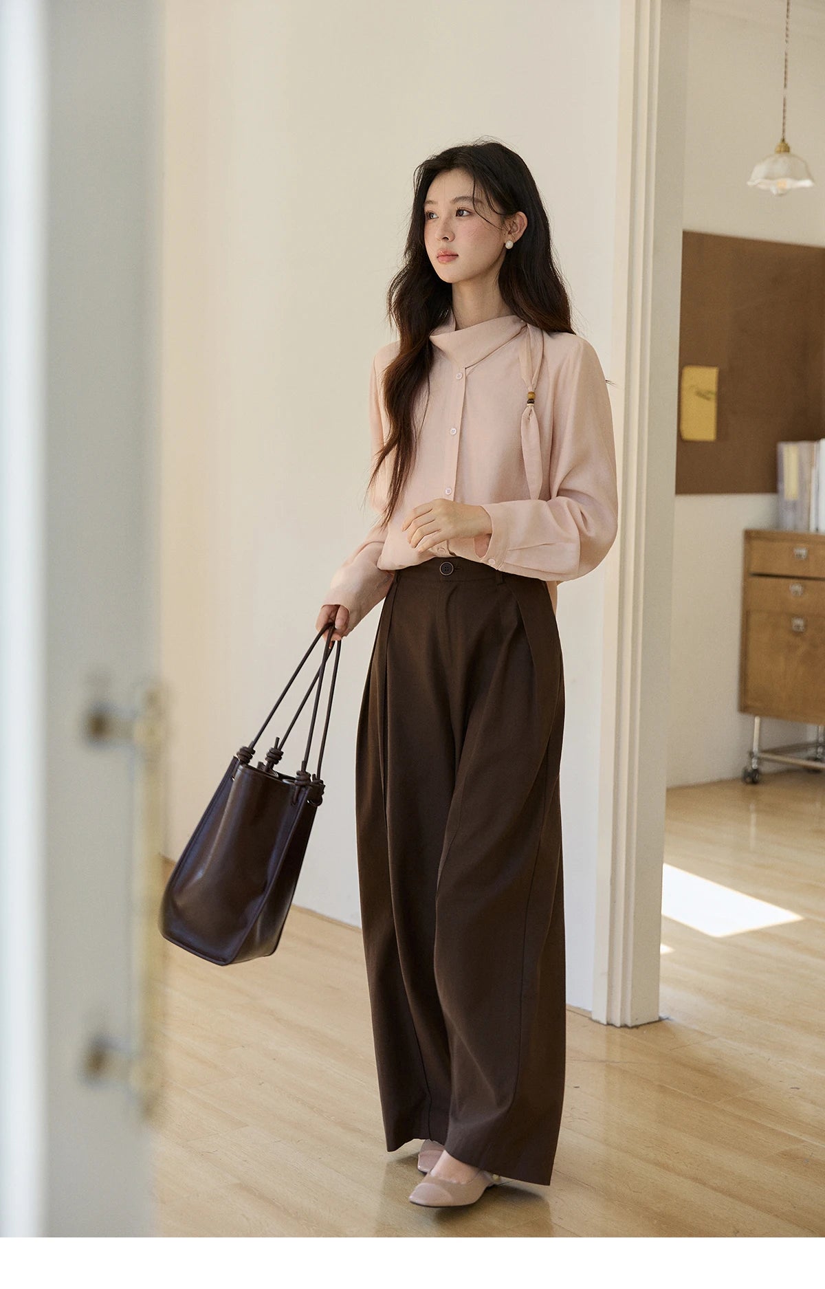 MISHOW Nude Pink Ribbon Stand Neck Shirt Button-Down MXE11X2547