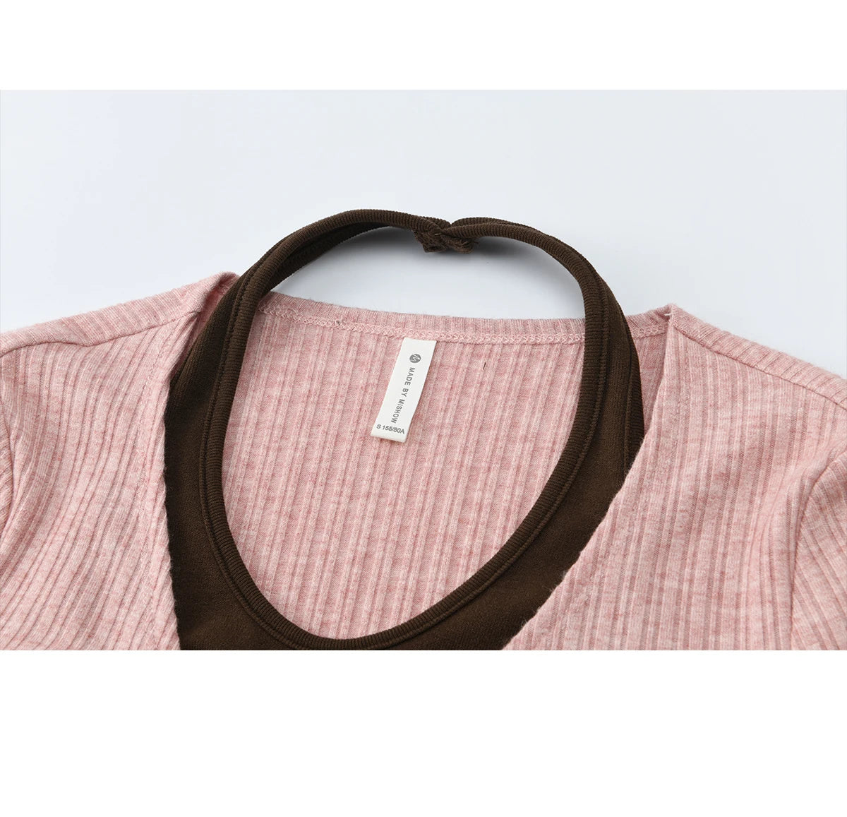 Mishow Pink Brown Fake Two-Piece Knot Front Top MXF11Z2912