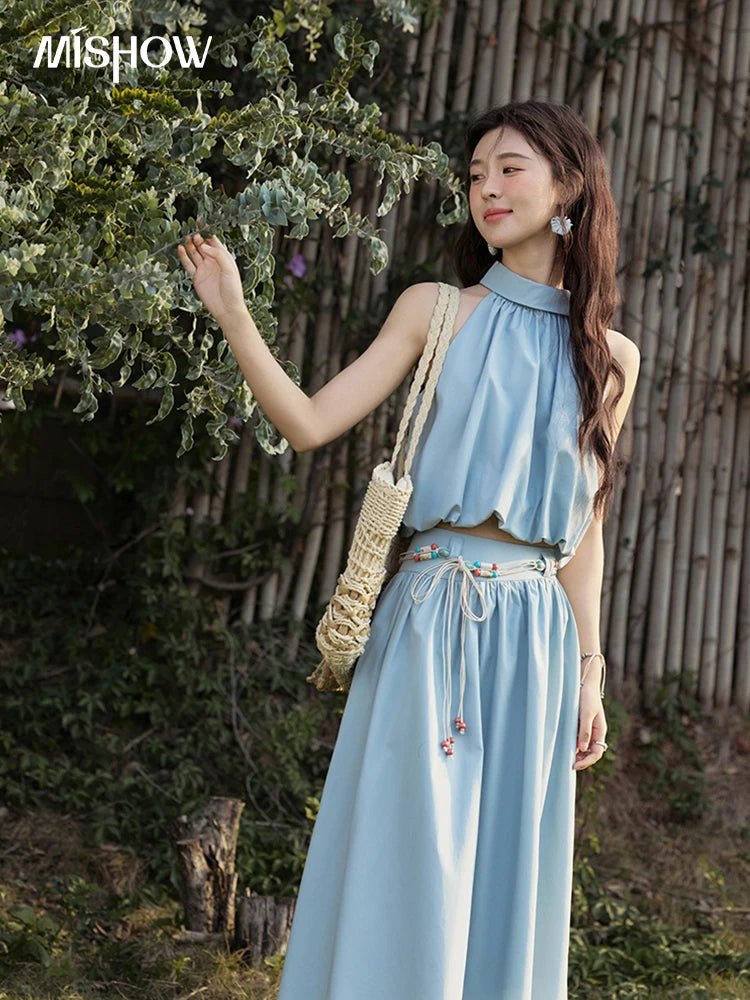 Mishow Solid Halter Neck Top & Midi Skirt Set with Belt MXE33T0546